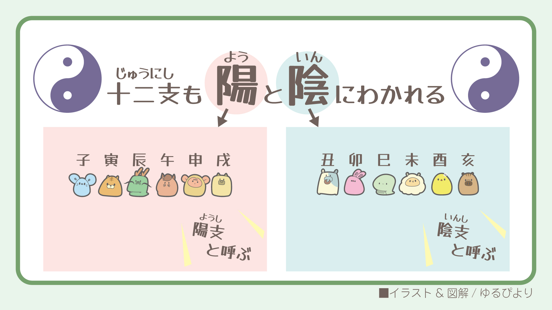 十二支の陰陽：陽支（子・寅・辰・午・申・戌）と陰支（丑・卯・巳・未・酉・亥）があるよ。